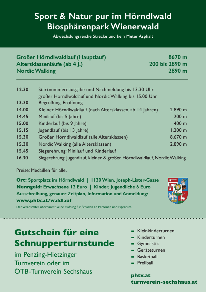 Details und Bewerbsübersicht mit Startzeiten für den Hörndlwaldlauf